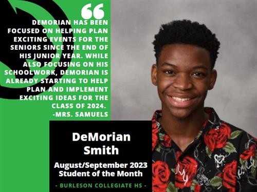 DeMorian Smith - August/September 2023 Student of the Month